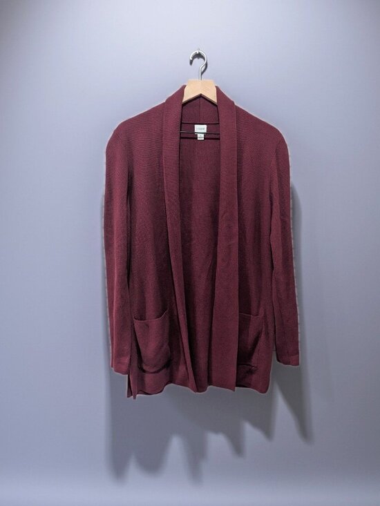 J.Crew Sweaters - J.Crew Burgundy Wine Shawl Collar Open Front Knit Cardigan Sweater Pockets - Med